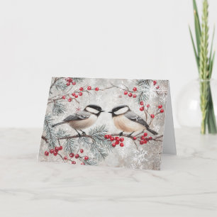 Tarjeta Pollos de época con copos de nieve y cerezas