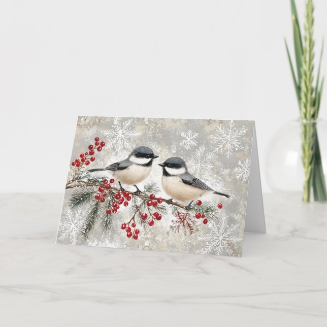 Tarjeta Pollos de nieve en el Evergreen con bayas (Anverso)