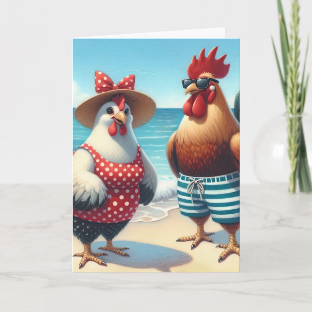 Tarjeta Pollos de playa del Aniversario con traje de baño (Anverso)