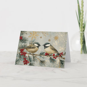 Tarjeta Pollos Purpurinas rojos y dorados con nieve