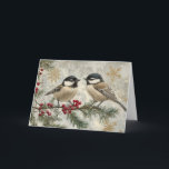 Tarjeta Pollos Snowy en la rama Evergreen<br><div class="desc">Pollos de nieve en la rama de Evergreen Descripción: Pollos de nieve encaramados en una rama de siempre verde con bayas rojas y copos de nieve. El fondo gris vintage con estampados completa el aspecto festivo. Etiquetas: garbanzos nevados, invierno de ramas siempre verdes, copos de nieve de bayas rojas, diseño...</div>