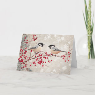 Tarjeta Pollos y bayas rojas con copos de nieve