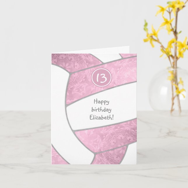Tarjeta polvoriento cumpleaños de voleibol de niñas rosada (flor amarilla)