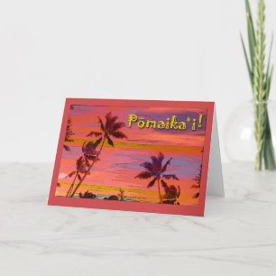Tarjeta Pomaikai Buena suerte en hawaiano con palmeras