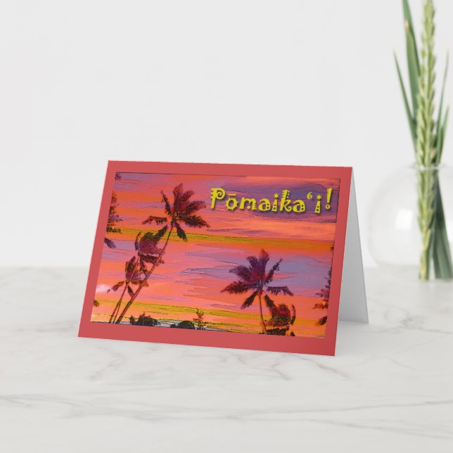 Tarjeta Pomaikai Buena suerte en hawaiano con palmeras (Anverso)