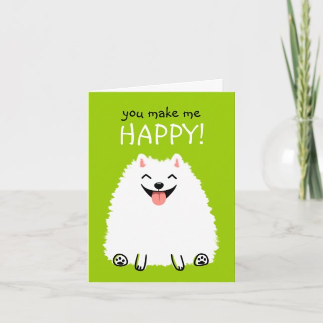 Tarjeta Pomerania Blanca Feliz con Texto Personalizado (Anverso)