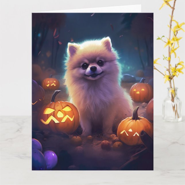 Tarjeta Pomerania de Halloween con calabazas aterradoras (flor amarilla)