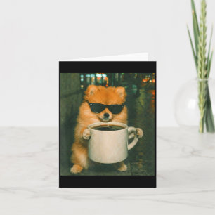Tarjeta Pomerania divertida bebiendo café meme retro urban