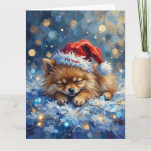 Tarjeta Pomerania durmiendo sobre luces de hadas con sombr