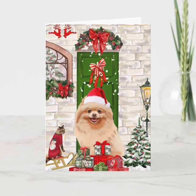 Tarjeta Pomerania Perro Navidad   (Anverso)