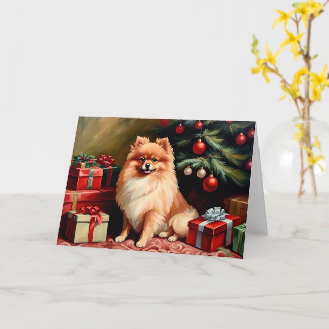 Tarjeta Pomerania sentada en un árbol de Navidad (flor amarilla)