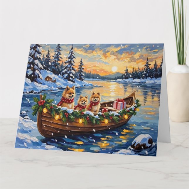 Tarjeta Pomeranian Christmas Boat Holiday (Anverso)
