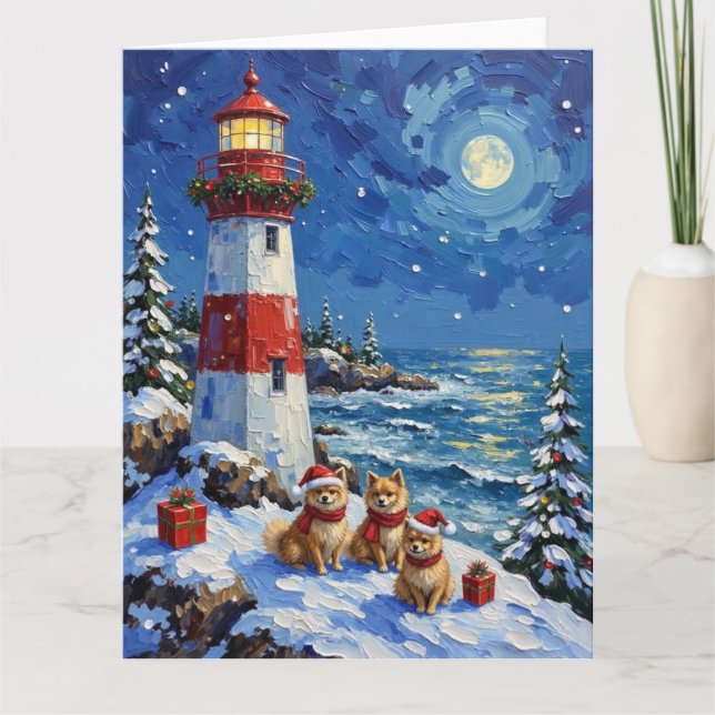 Tarjeta Pomeranian Christmas Lighthouse Holiday (Anverso)