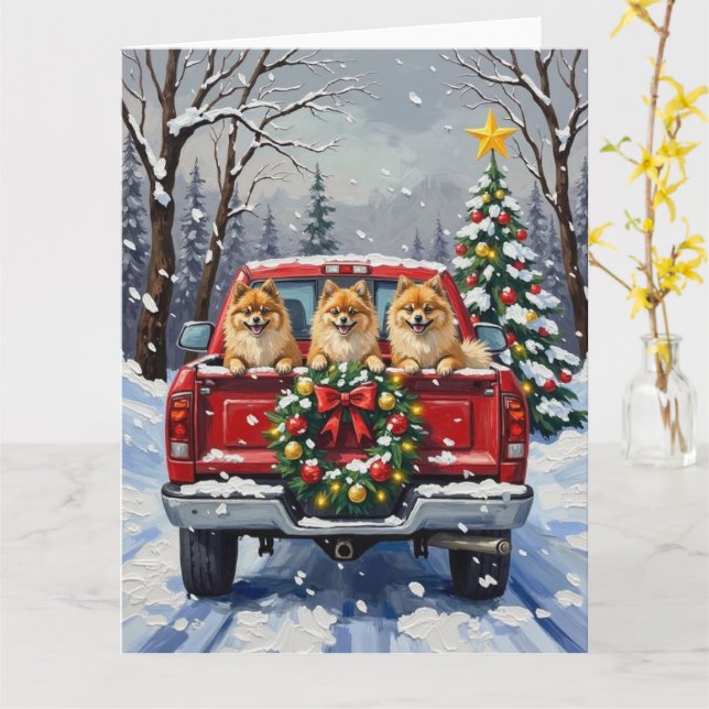 Tarjeta Pomeranian Christmas Red Truck Holiday Gift (flor amarilla)