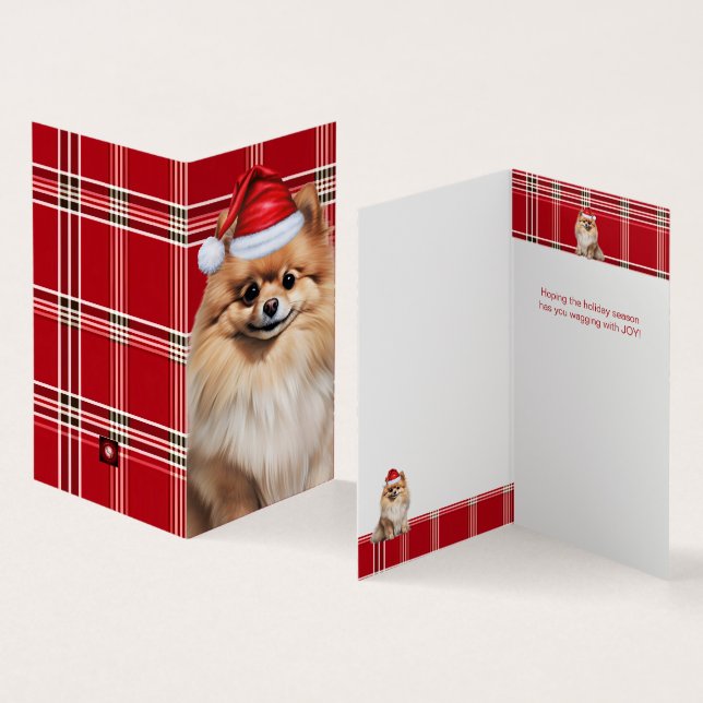 Tarjeta Pomeranian Dog Holiday Red Plaid Christmas (Interior y exterior)
