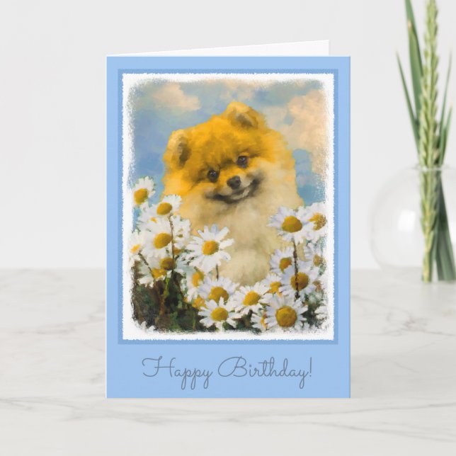 Tarjeta Pomeranian en las margaritas que pintan - arte (Anverso)