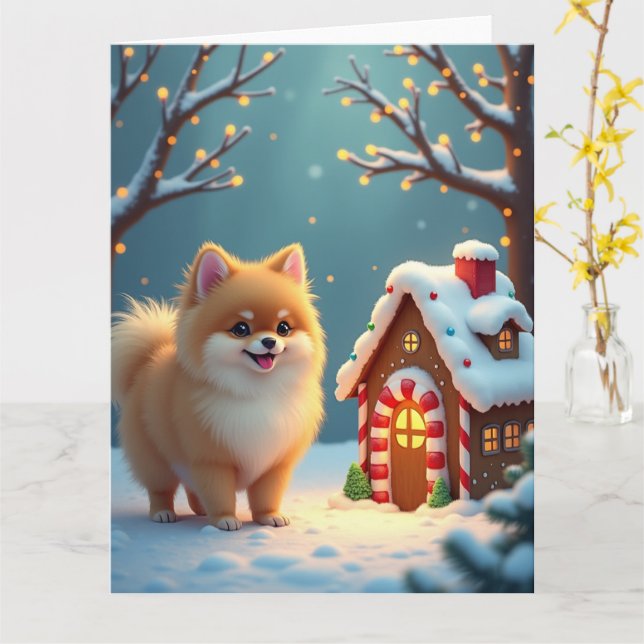 Tarjeta Pomeranian in Gingerbread Village Christmas (flor amarilla)