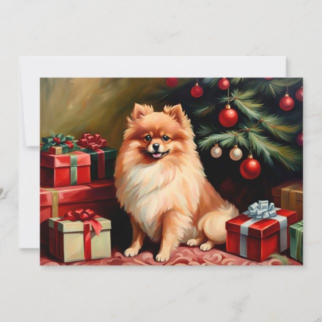 Tarjeta Pomeranian sitting by Christmas tree (Anverso)