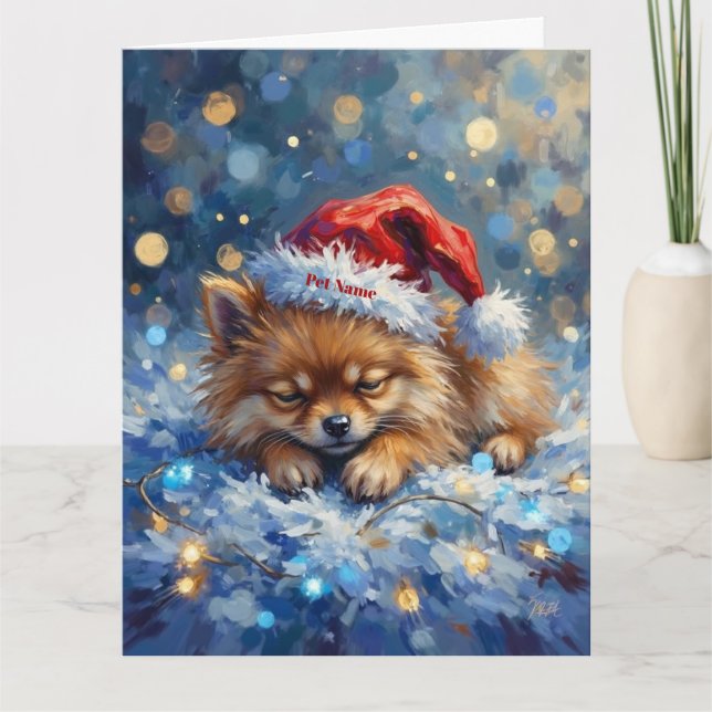 Tarjeta Pomeranian Sleeping on Fairy Lights Christmas Hat (Anverso)