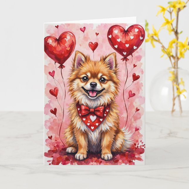 Tarjeta Pomeranian Valentine’s Day Dog with Hearts Red (flor amarilla)