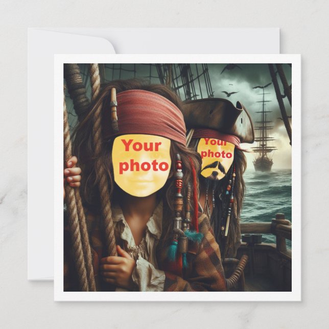 Tarjeta Pon mi cara en la foto, 2 piratas en un bote (Anverso)