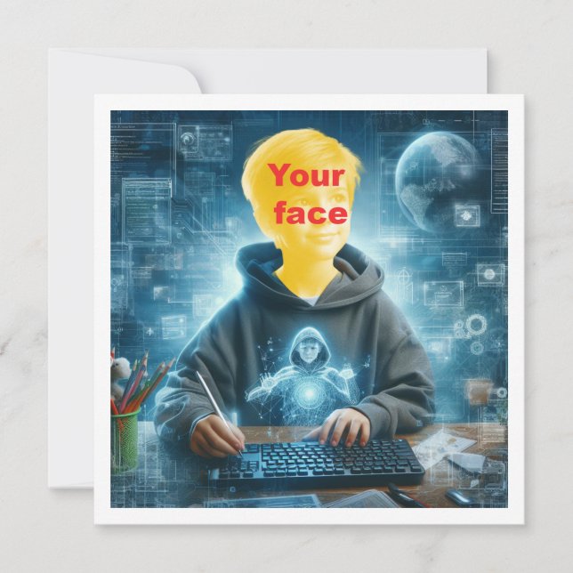 Tarjeta Pon mi cara en la foto, amante de la computadora,  (Anverso)