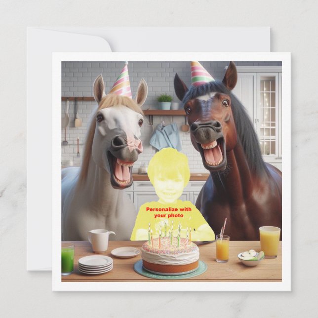 Tarjeta Pon mi cara en la imagen, caballos y niño (Anverso)