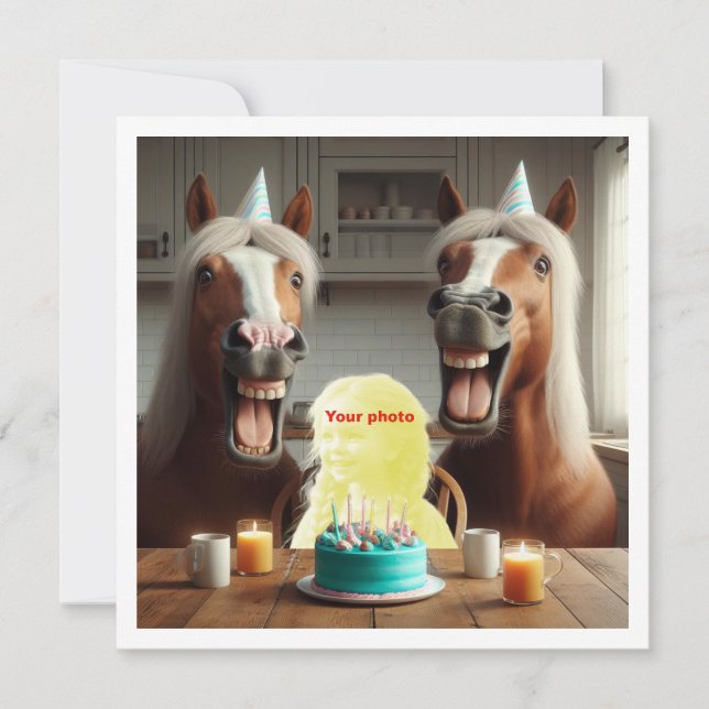 Tarjeta Pon mi cara en la imagen, caballos y niño (Anverso)