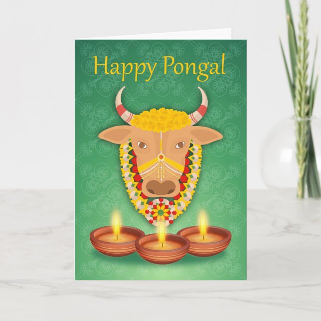 Tarjeta Pongal feliz, con la vaca y las velas (Anverso)