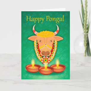 Tarjeta Pongal feliz, con la vaca y las velas