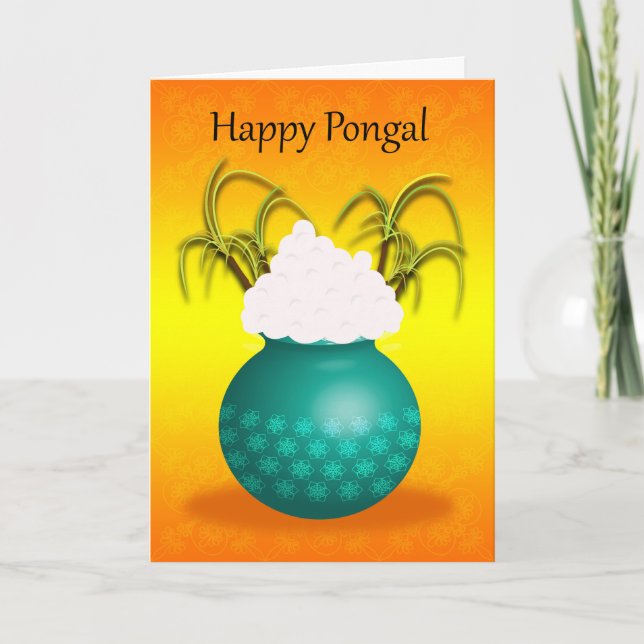 Tarjeta Pongal feliz, con un pote de arroz y de plantas (Anverso)