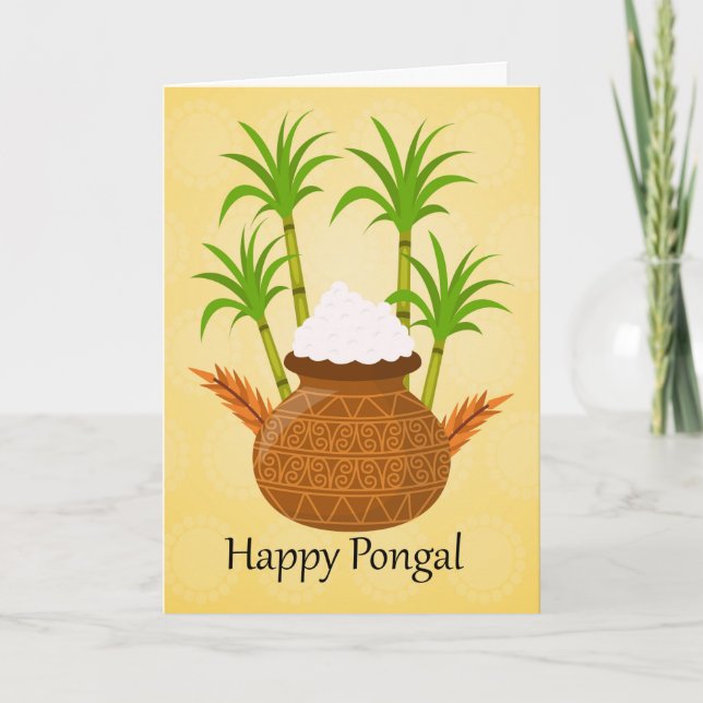 Tarjeta Pongal feliz, con un pote de arroz y de plantas (Anverso)