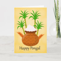 Pongal feliz, con un pote de arroz y de plantas