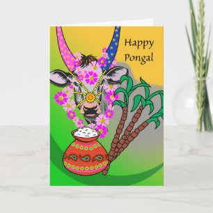 Tarjeta Pongal feliz, vaca decorada, arroz pongal, azúcar