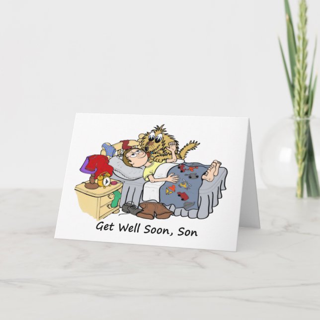 Tarjeta Ponte bien Personalizado de hijo en la cama y perr (Anverso)