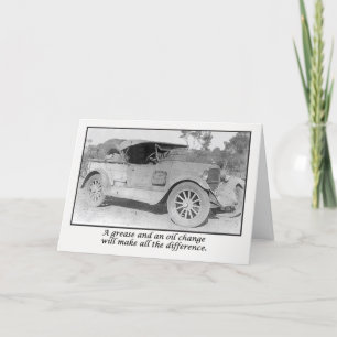 Tarjeta Ponte bien pronto, coche vintace esperando el serv
