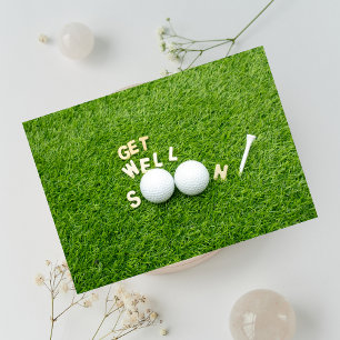 Tarjeta Ponte bien pronto con dos pelotas de golf y tee en