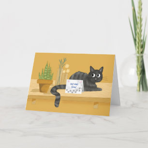 Tarjeta Ponte bien pronto en la mesa con plantas