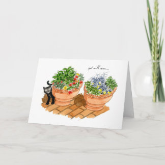 Tarjeta Ponte bien pronto, gato y hierbas.