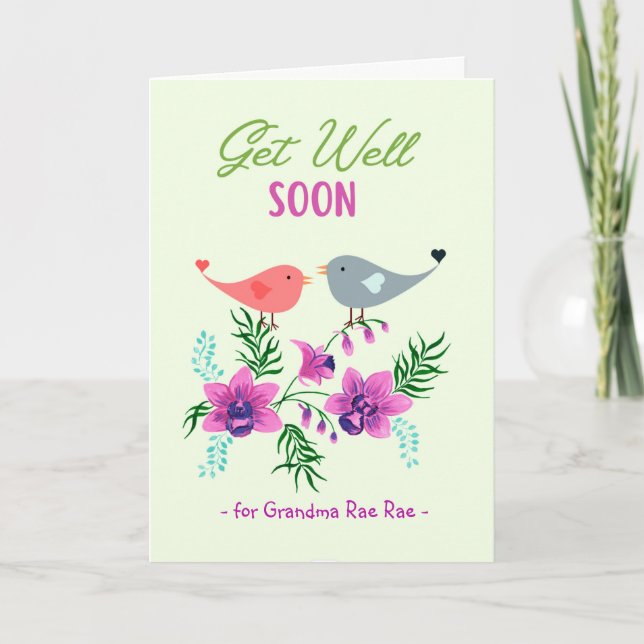 Tarjeta Ponte bien pronto para las flores y los pájaros de (Anverso)