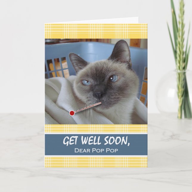 Tarjeta Ponte bien pronto para pop, gato enfermo en cesta (Anverso)