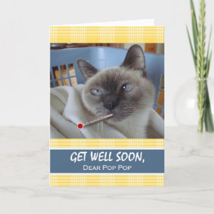 Tarjeta Ponte bien pronto para pop, gato enfermo en cesta