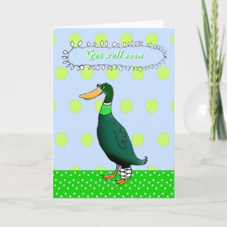 Tarjeta Ponte bien pronto, pato verde con la pierna vendad
