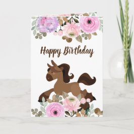 Tarjeta Pony y flores coloridas juerga cumpleaños