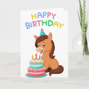 Tarjeta Pony y Pastel Brillante y Cuto Cumpleaños