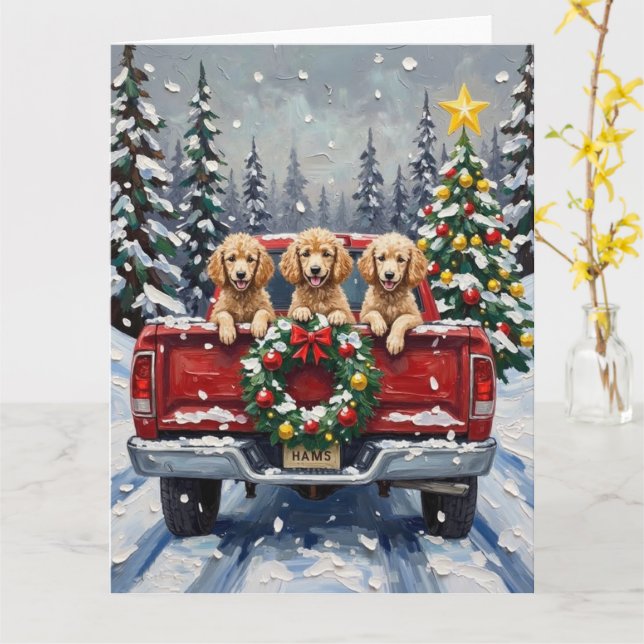 Tarjeta Poodle Christmas Red Truck Holiday (flor amarilla)