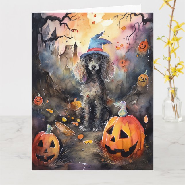 Tarjeta Poodle de Halloween con calabazas espeluznante (flor amarilla)
