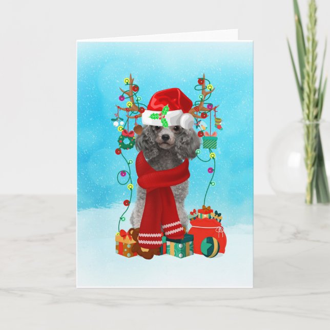 Tarjeta Poodle en la nieve con regalos de Navidades (Anverso)