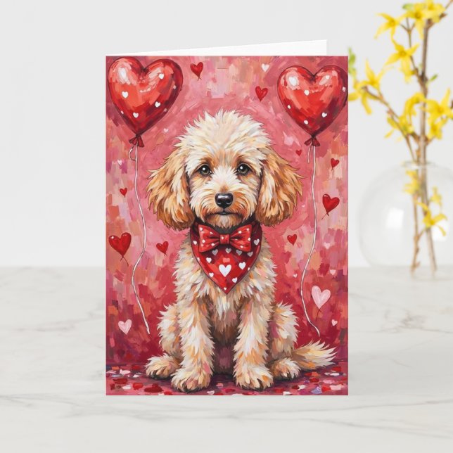 Tarjeta Poodle Valentine’s Day Dog with Hearts Red (flor amarilla)