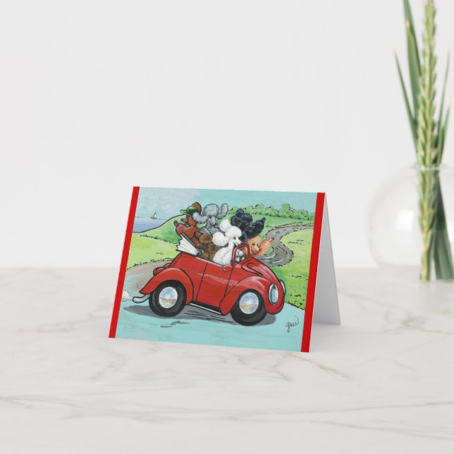 Tarjeta Poodles en convertible rojo vintage (Anverso)